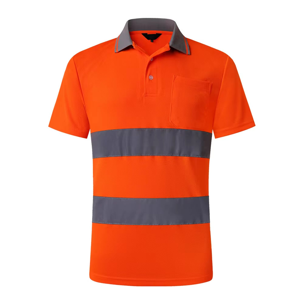 Two Tone Long Sleeve Work Polo Shirt Orange Yellow Navy Workwear Shirt with Pockets Hi Vis Work Shirt
