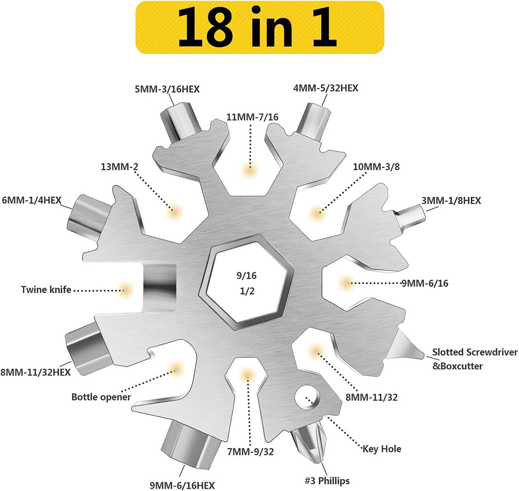 Snowflake Multi Tool, 1PCS Black 18 in 1 Snowflake Tool Stainless Steel Snowflake Handy Tool with Keyring