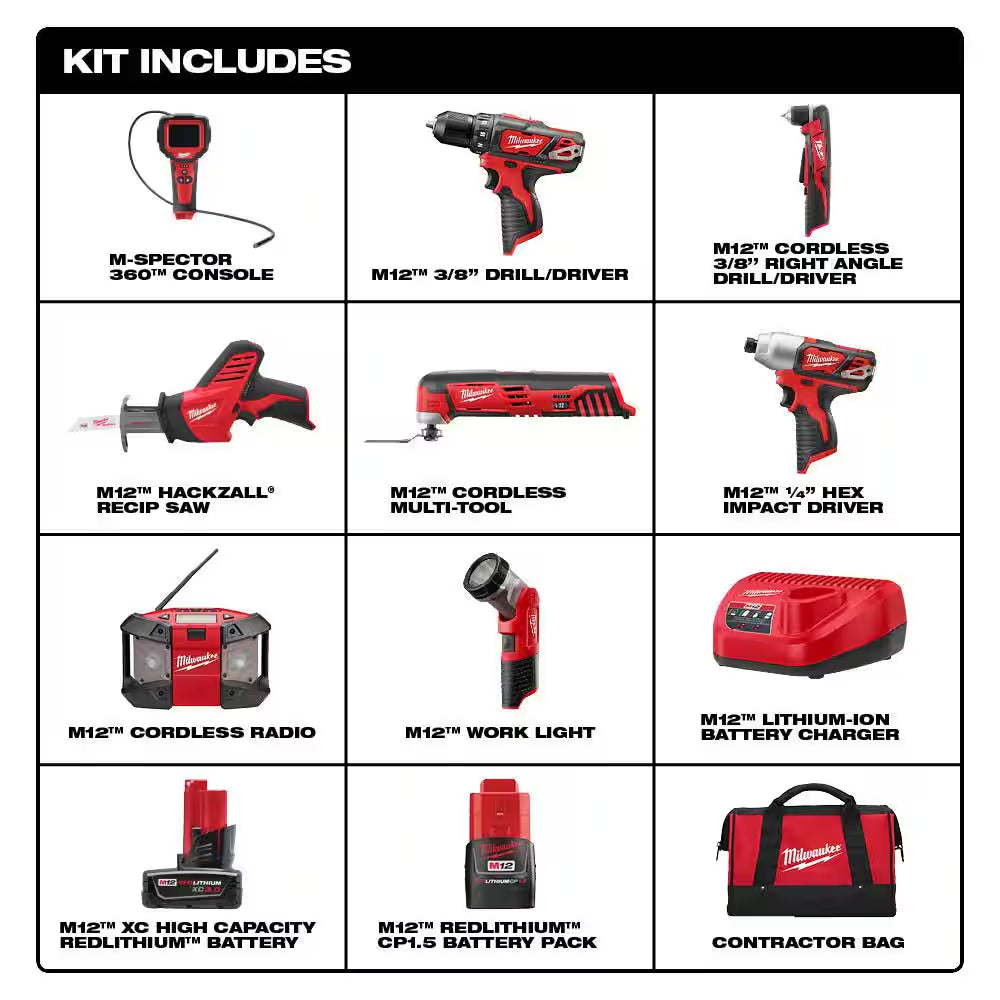 M12 12V Lithium-Ion Cordless Combo Tool Kit (8-Tool) W/(2) 1.5Ah and (1) 3.0Ah Batteries, (1) Charger, (1) Tool Bag