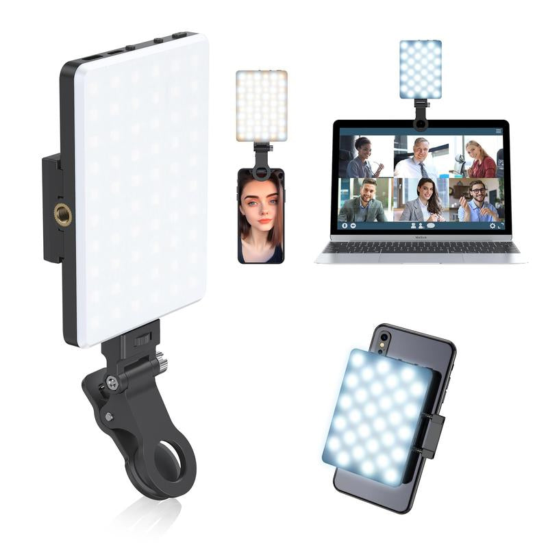 Portable LED Selfie Light with Front & Back Phone Clip, High Power 60 LED 2000MAH Rechargeable Camera Fill Light for Summer Fall, 3 Light Modes Clip on Ring Light for Smartphone/Tablet/Laptop/Camera/, Zoom Call Video Fill Light, Camera Accessories