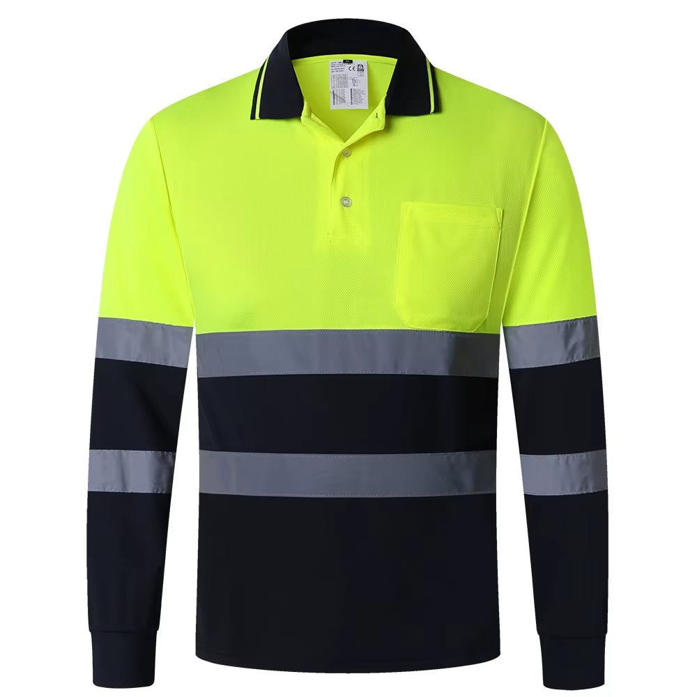 Two Tone Long Sleeve Work Polo Shirt Orange Yellow Navy Workwear Shirt with Pockets Hi Vis Work Shirt