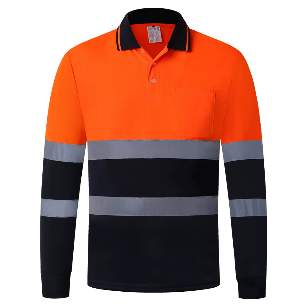 Two Tone Long Sleeve Work Polo Shirt Orange Yellow Navy Workwear Shirt with Pockets Hi Vis Work Shirt