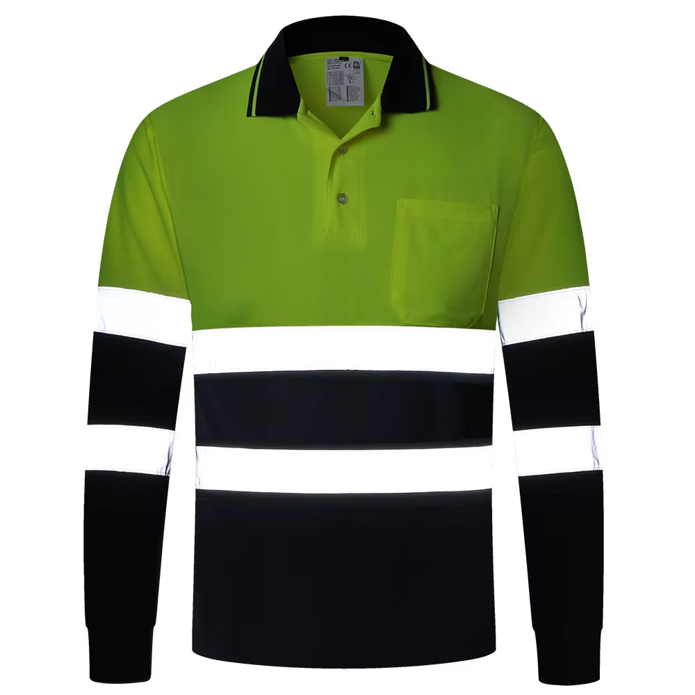 Two Tone Long Sleeve Work Polo Shirt Orange Yellow Navy Workwear Shirt with Pockets Hi Vis Work Shirt
