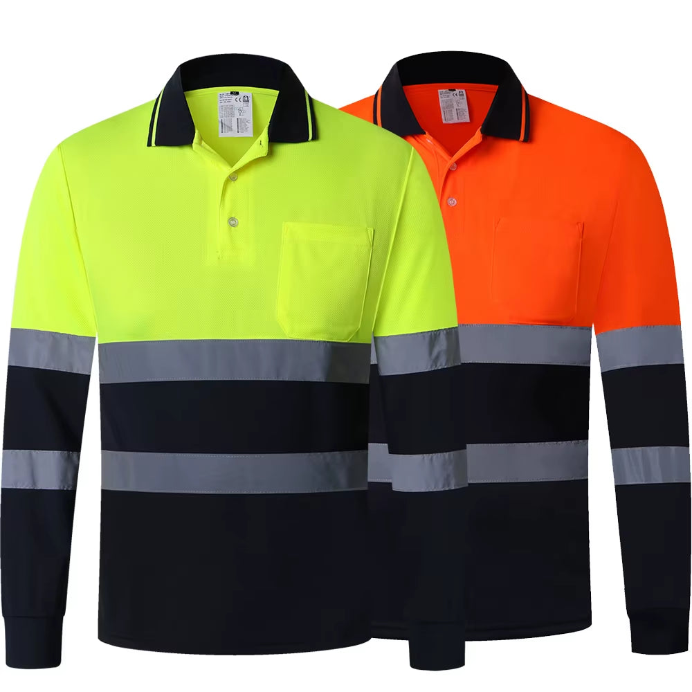 Two Tone Long Sleeve Work Polo Shirt Orange Yellow Navy Workwear Shirt with Pockets Hi Vis Work Shirt