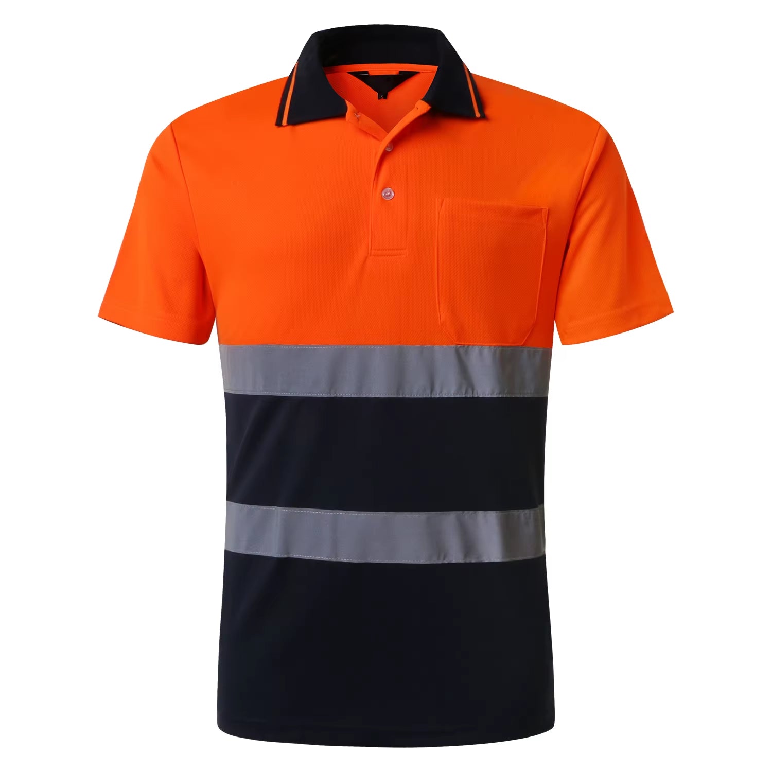 Two Tone Long Sleeve Work Polo Shirt Orange Yellow Navy Workwear Shirt with Pockets Hi Vis Work Shirt
