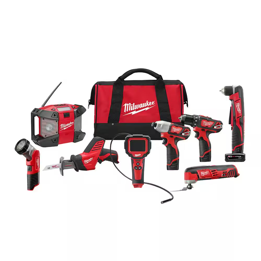 M12 12V Lithium-Ion Cordless Combo Tool Kit (8-Tool) W/(2) 1.5Ah and (1) 3.0Ah Batteries, (1) Charger, (1) Tool Bag