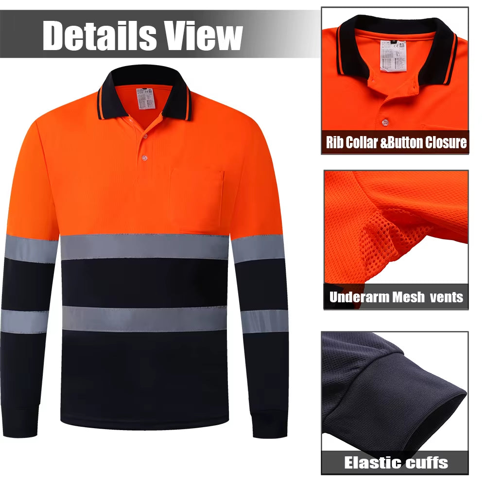 Two Tone Long Sleeve Work Polo Shirt Orange Yellow Navy Workwear Shirt with Pockets Hi Vis Work Shirt