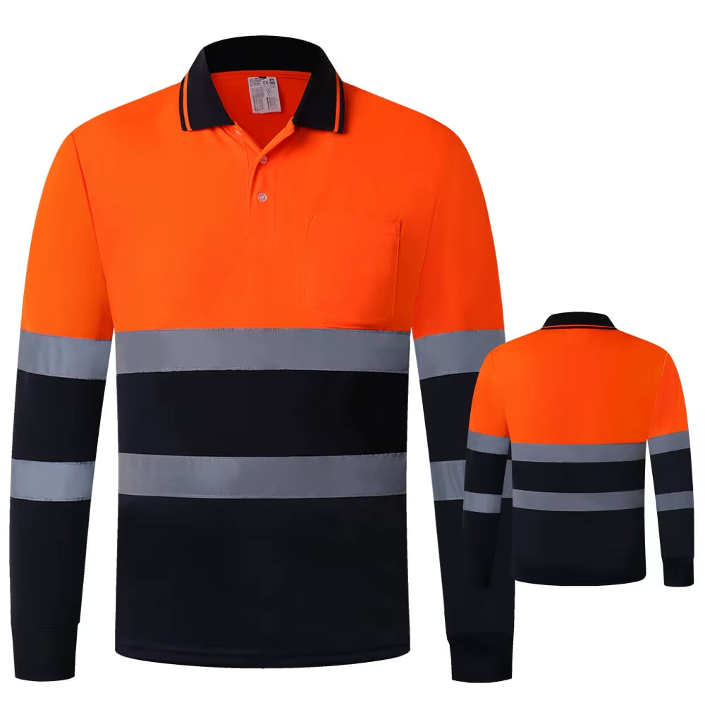 Two Tone Long Sleeve Work Polo Shirt Orange Yellow Navy Workwear Shirt with Pockets Hi Vis Work Shirt
