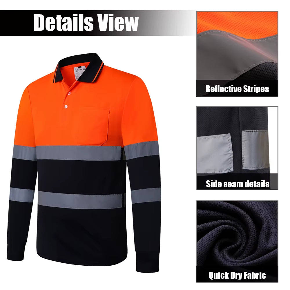 Two Tone Long Sleeve Work Polo Shirt Orange Yellow Navy Workwear Shirt with Pockets Hi Vis Work Shirt
